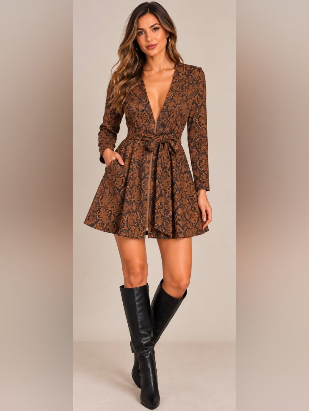 Triple Seven Brown Snake Print Zip Front Belted Mini Dress Size M